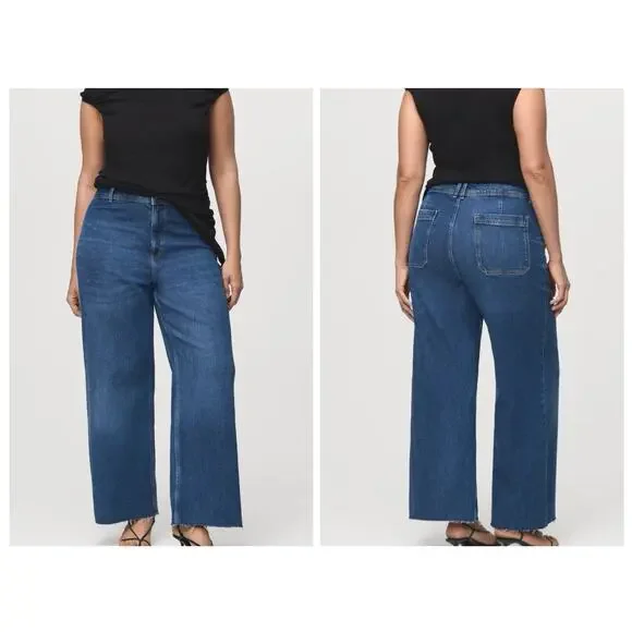 mango MNG Catherine Raw Hem High Waist Wide Leg Culotte Jeans Size 18 Dark Blue - Picture 1 of 15